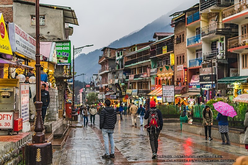 Vibrant Mall Road in Manali, bustling with shops, cafes, and local culture, offering a lively experience for visitors